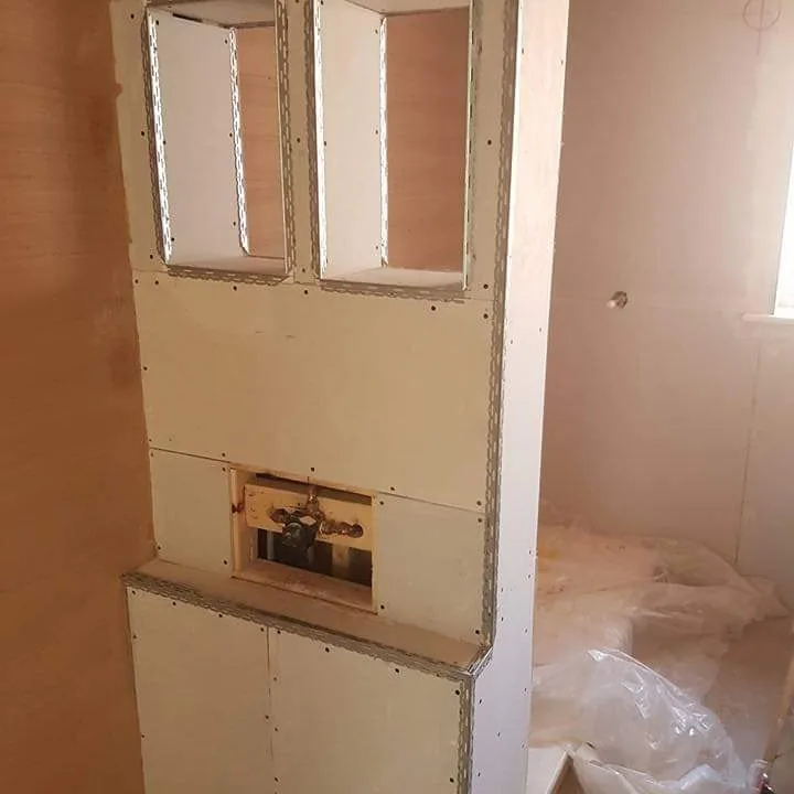 Boarded shower-room partition with beads, niches and valve set out, Southport