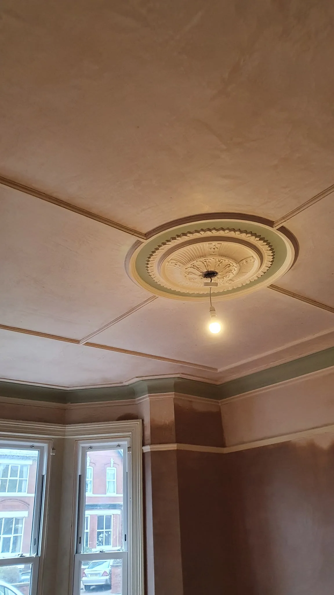 Ceiling rose, panelled field and picture rail freshly skimmed, Southport