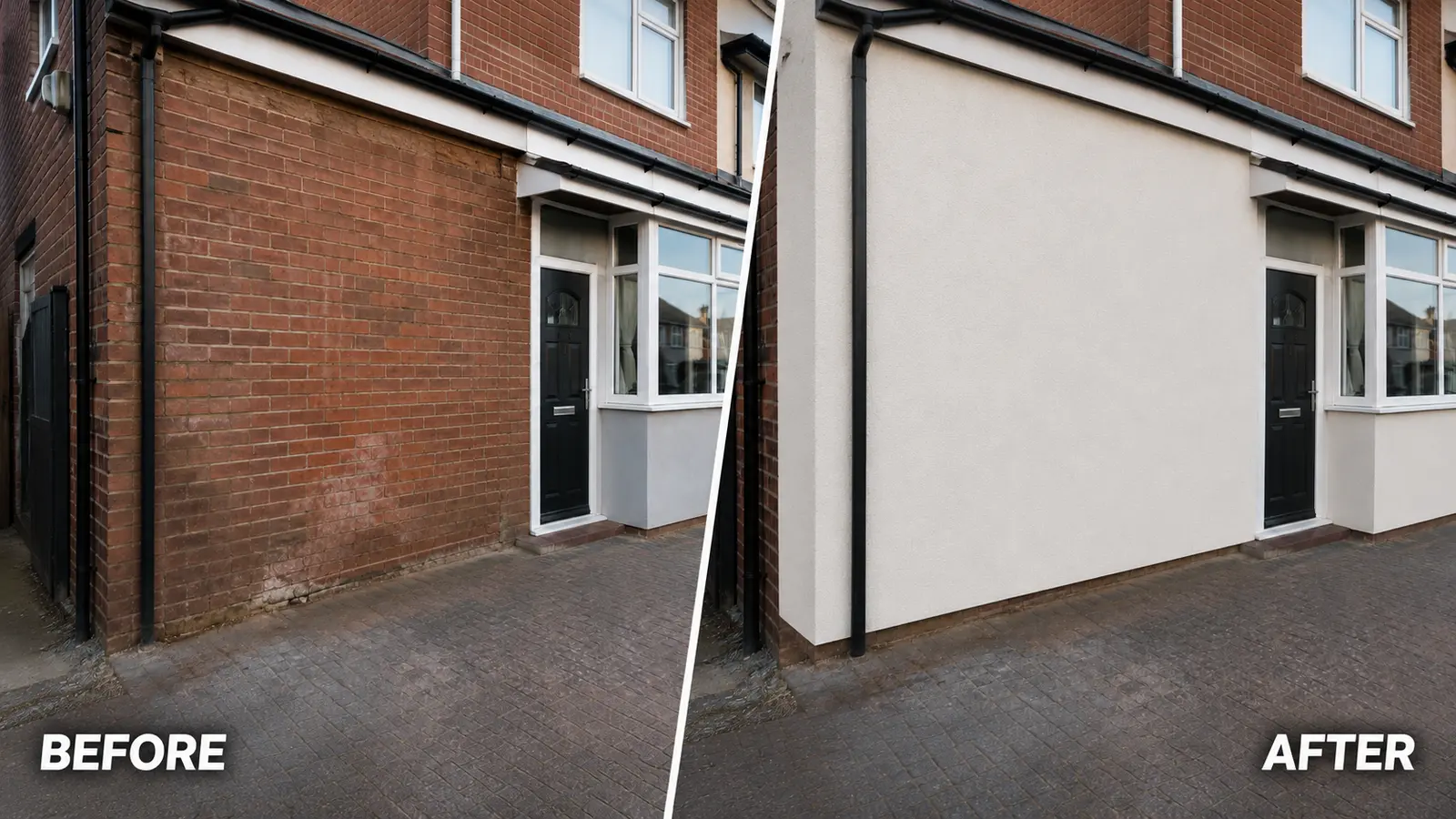 Elevation before and after rendering on a garage conversion in Ainsdale