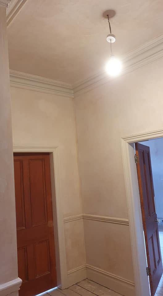 Plastered landing with cornice, dado rail and skirting, Southport