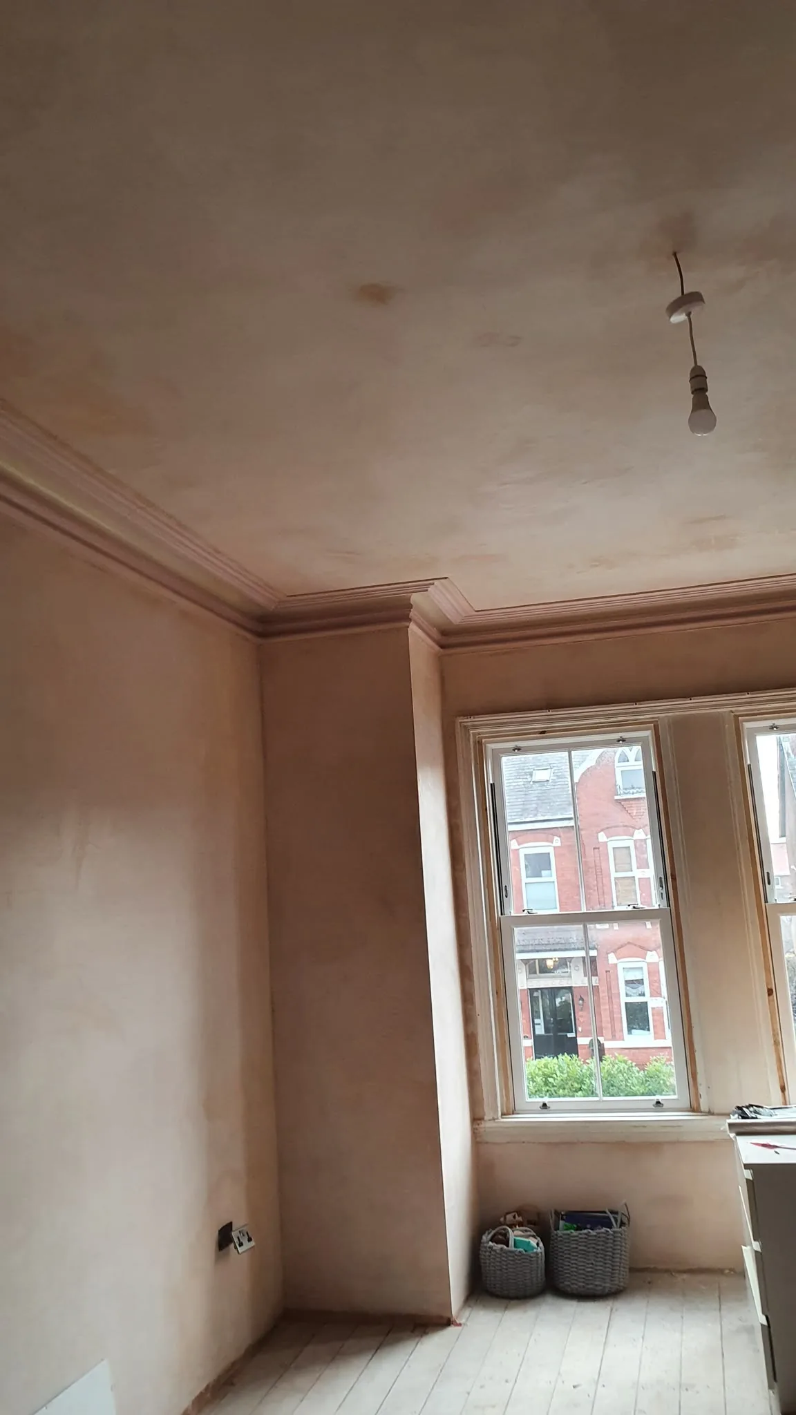 Freshly skimmed room with restored deep cornice and sash window, Southport
